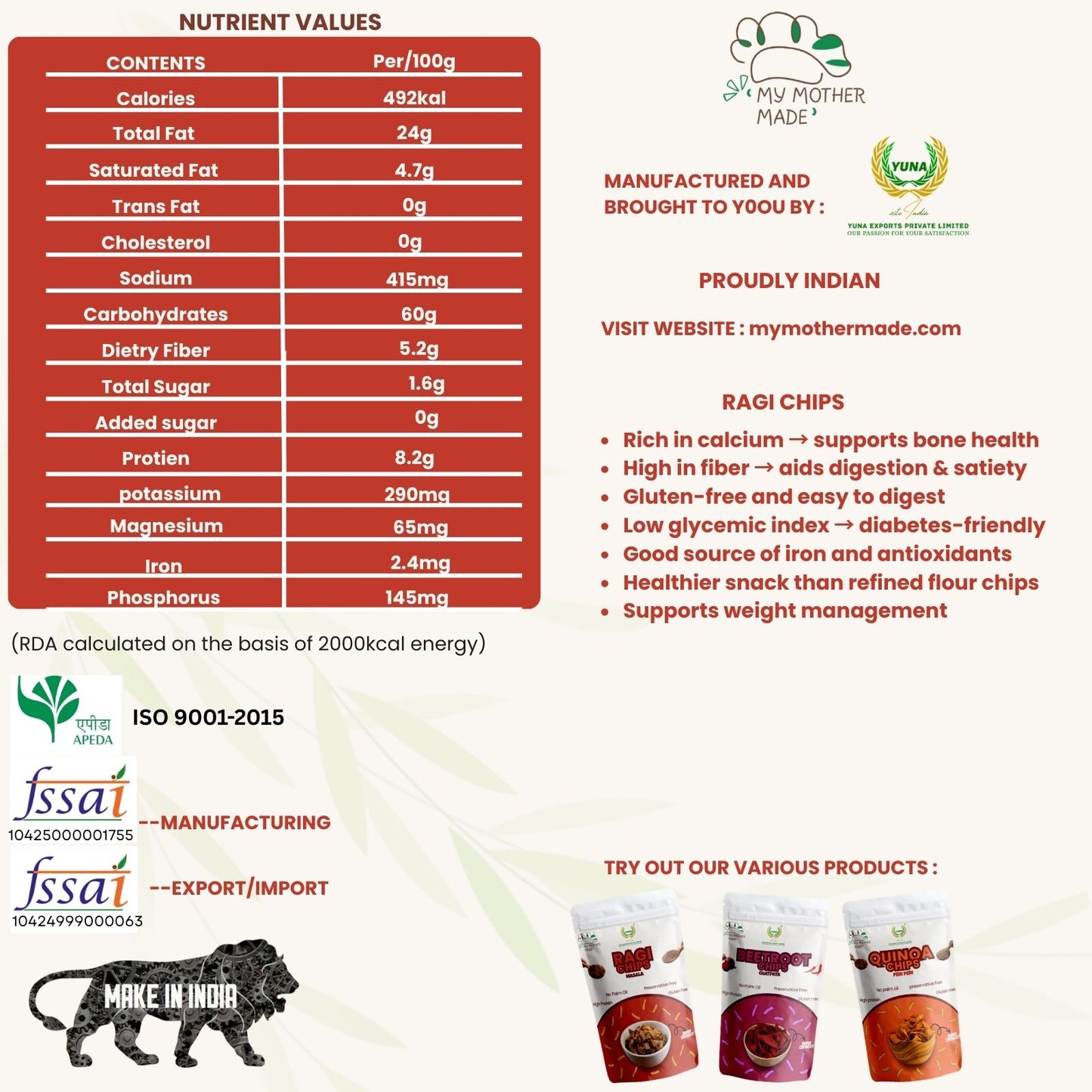 Nutrient values label for Ragi chips with branding and product information. Crunchy ragi chips made with finger millet and rice bran oil