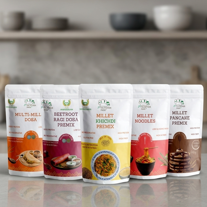 Five food product packages on a kitchen counter with bowls in the background