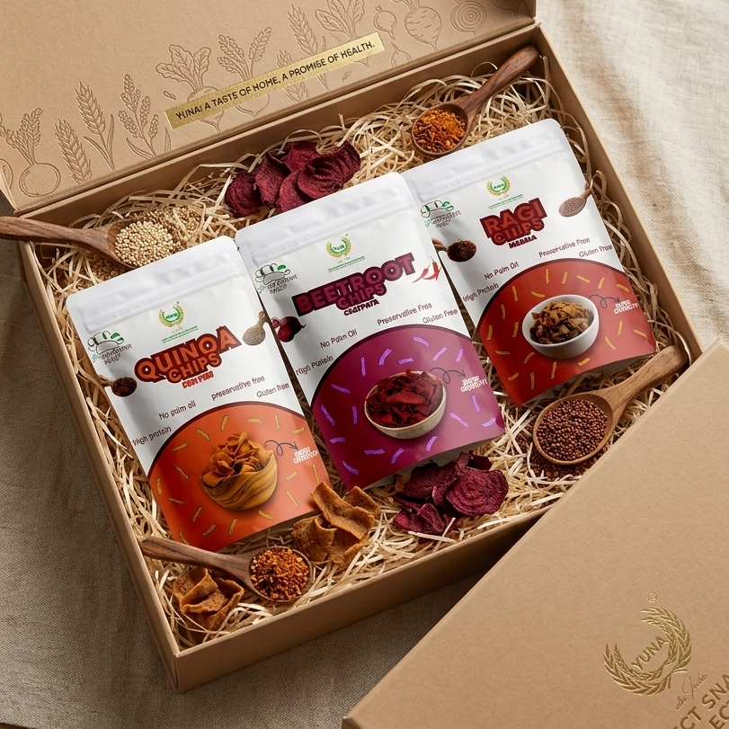 Gift box with healthy chips . in a wooden box .