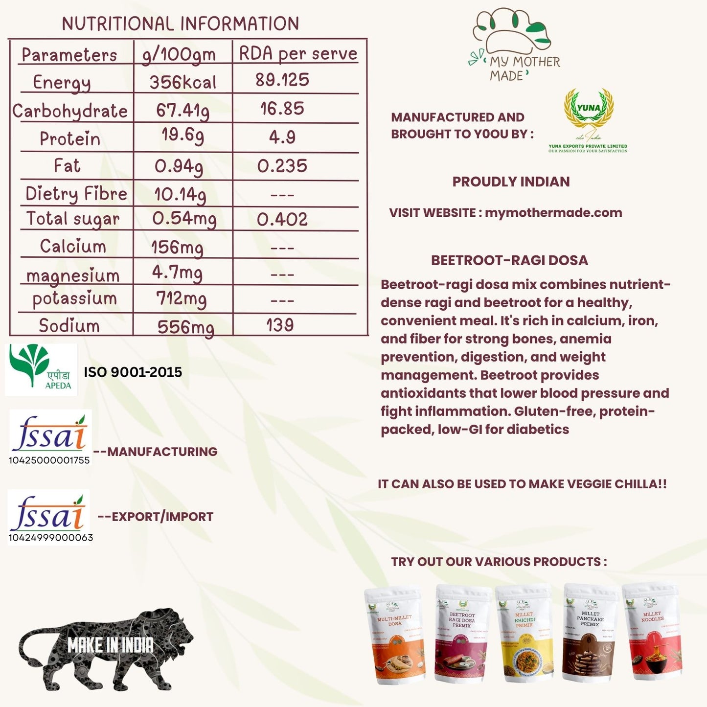 Beetroot ragi dosa premix made with ragi beetroot and green moong