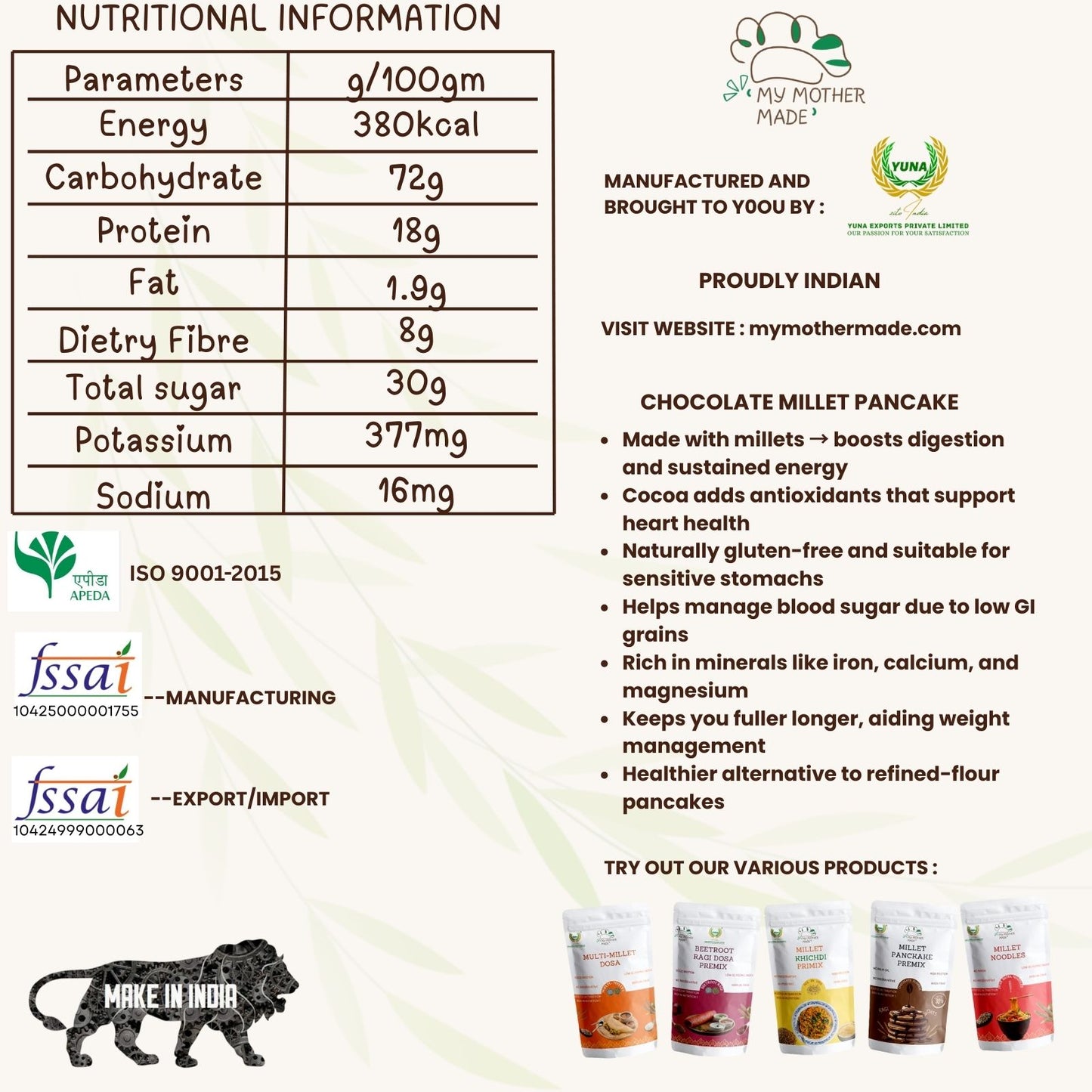 Chocolate millet pancake premix made with ragi oats and cocoa