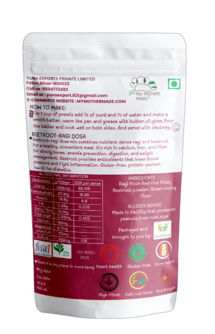 Beetroot ragi dosa premix made with ragi beetroot and green moong