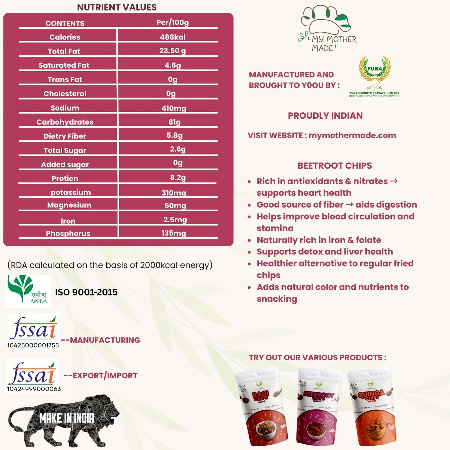 Nutritional information card for beetroot chips with brand details on a white background. Crispy beetroot chips made with real beetroot and rice bran oil