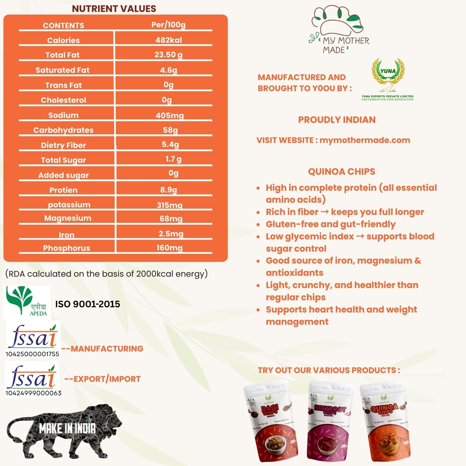 Nutrient values label for My Mother Made quinoa chips with product packaging at the bottom. Crunchy quinoa chips made with quinoa flour and rice bran oil