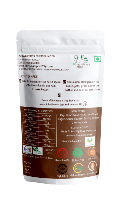Back view of a food packaging with nutritional information and branding on a white background.  Chocolate millet pancake premix made with ragi oats and cocoa