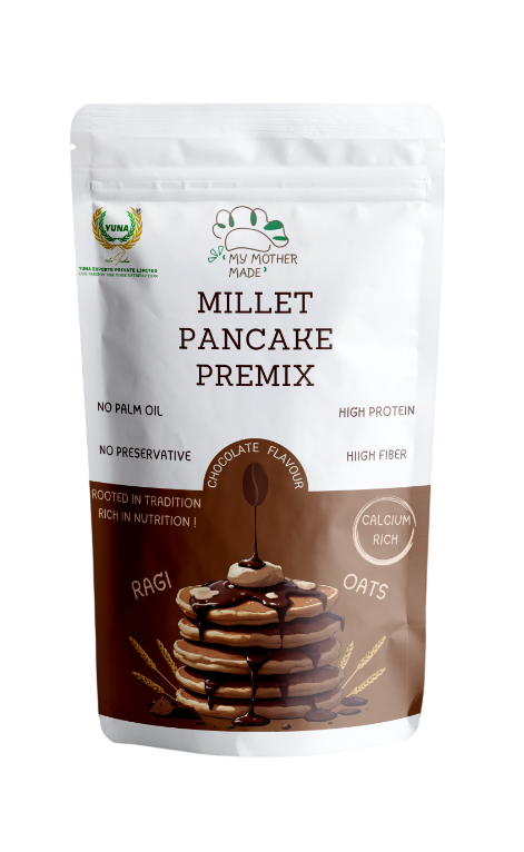 Millet Pancake Premix packaging with a white background.  Chocolate millet pancake premix made with ragi oats and cocoa