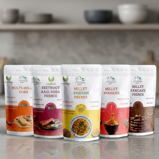 Five food product packages on a kitchen counter with bowls in the background