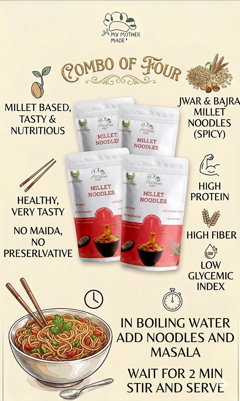 Packaging of millet noodles with text highlighting benefits and preparation instructions.