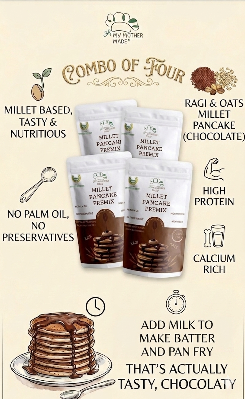 Millet pancake premix packages with chocolate flavor on a beige background
