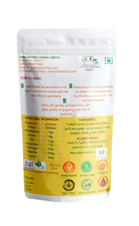 Nutritional information and ingredient label on a food product packaging. Millet khichdi premix made with foxtail and browntop millet