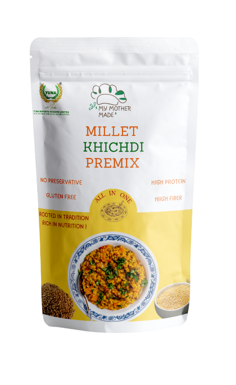 Millet Khichdi Premix packaging with a white background. Millet khichdi premix made with foxtail and browntop millet