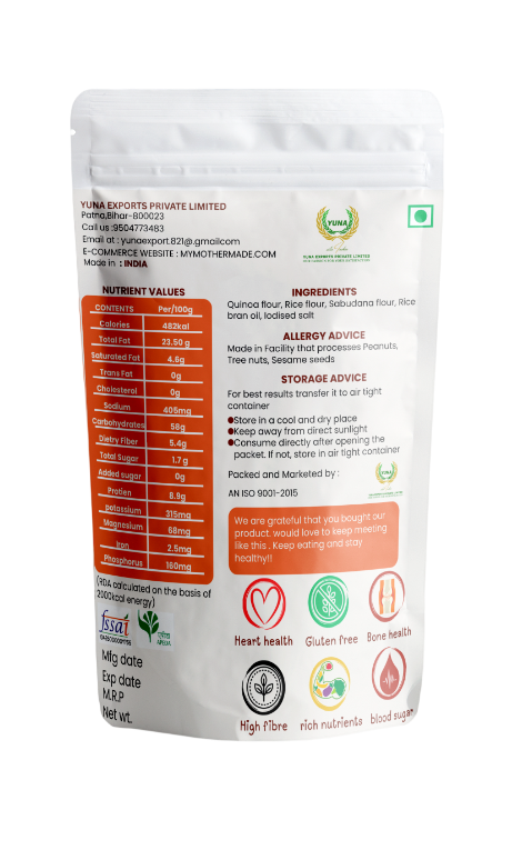 Product packaging with nutritional information and ingredient list on a white background. Crunchy quinoa chips made with quinoa flour and rice bran oil