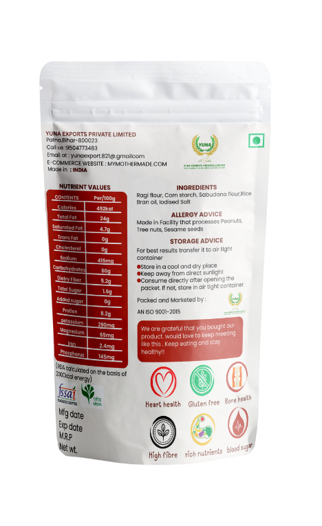 Nutritional information and ingredient list on a white package with a red label. Crunchy ragi chips made with finger millet and rice bran oil